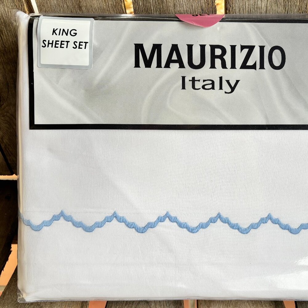 Maurizio Blue Embroidered Scallop King Cotton Size Sheet Set | Made in Italy